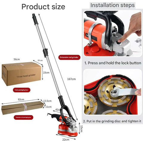 Heavy Duty Electric Wall Planer And Angle Grinder Featuring A Rugged 3000W Motor With Long Extension Rod, size and installation steps.