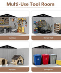Multi-use layout of a 10x12 ft outdoor metal storage shed for backyard, features tool room, storage, pet room, garbage bin, black finish.