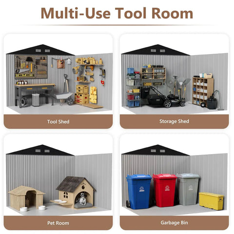 Multi-use tool room display inside 10x8 Foot Metal Outdoor Storage Shed With Lockable Doors, Weatherproof Backyard Tool Shed For Mowers, Bikes And Gear, Black Exterior, Waterproof Outside Storage Building For Patio Or Garden, Floor Not Included.