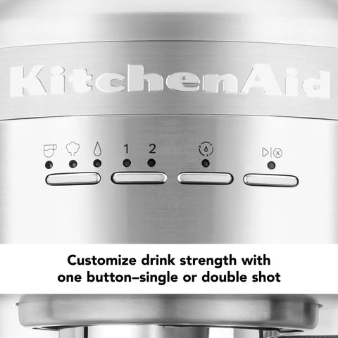 Premium Metal Semi Automatic Espresso Machine With Dual Smart Temp Sensors And 58Mm Commercial Portafilter control panel with shot options.