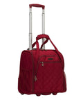 Red quilted underseat carry on luggage with wheels, 9x14x15 inches, side mesh pockets and retractable handle, flight ready, fits under seats