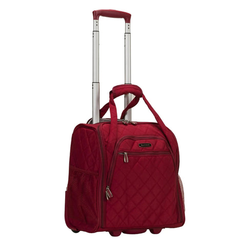 Red quilted underseat carry on luggage with wheels, 9x14x15 inches, side mesh pockets and retractable handle, flight ready, fits under seats