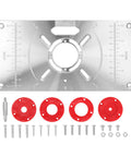 Top Shelf Aluminum Router Table Insert Plate With Four Tough Guide Rings For Rock Solid Woodworking And Knockout Precision Trimming Shop Gear And Upgrade Tools with red guide rings and screws.