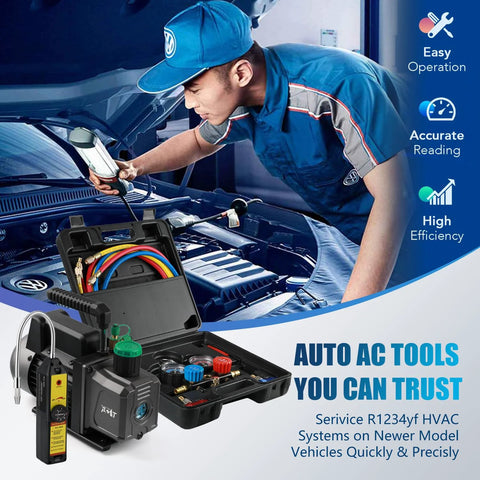 Automotive AC vacuum pump and manifold gauge kit in open black case with colorful hoses