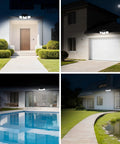 Beefy Three Head Solar Motion Sensor Flood Light Outdoor Waterproof 3000 Lumen 156 LED Security Spotlight illuminating entryways