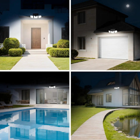 Beefy Three Head Solar Motion Sensor Flood Light Outdoor Waterproof 3000 Lumen 156 LED Security Spotlight illuminating entryways