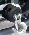 Beefy Rubber Winch Stopper For Synthetic Winch Rope Hook Saver with stainless steel hook attached on a winch.