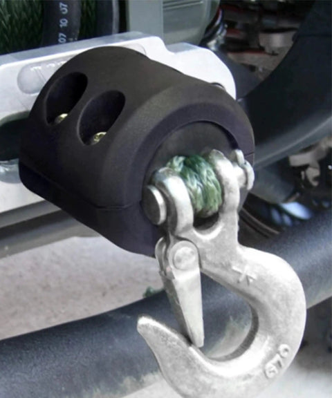 Beefy Rubber Winch Stopper For Synthetic Winch Rope Hook Saver with stainless steel hook attached on a winch.