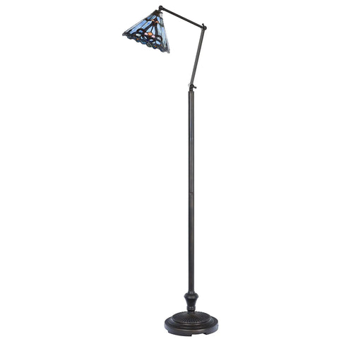 Blue Baroque Tiffany Style Stained Glass Swing Arm Floor Lamp, 75-Inch Tall, view of lamp with stained glass shade and metal base
