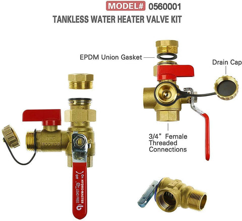 HYDRO MASTER Tankless Water Heater Valve Kit; brass body with red lever, 3/4 in IPS connections and EPDM gasket