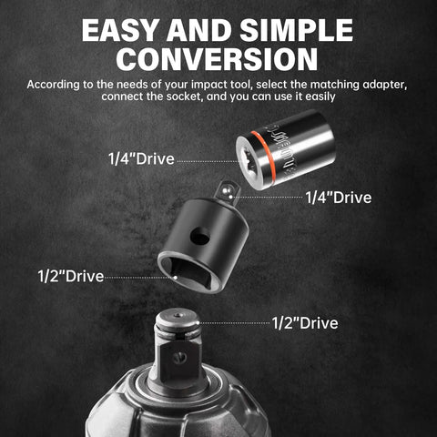 Premium 6-Piece Impact Socket Adapter And Reducer Kit That Lets You Go From Quarter To Half Inch Like A Boss With Heavy Duty Build For Serious Garage Jobs, 1/4 and 1/2 drive adapters