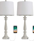 27.75 Inch USB Table Lamps Set of 2 With Built In Charging Ports, Vintage Resin Nightstand Lamps with white fabric shades.