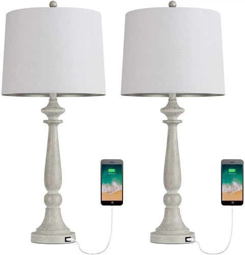 27.75 Inch USB Table Lamps Set of 2 With Built In Charging Ports, Vintage Resin Nightstand Lamps with white fabric shades.
