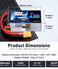Graphene 3S 11.1V RC Lipo Battery 120C 1500mAh With XT60 Plug showing dimensions and weight on a measurement grid