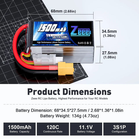 Graphene 3S 11.1V RC Lipo Battery 120C 1500mAh With XT60 Plug showing dimensions and weight on a measurement grid