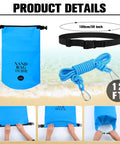 2 Pack Sand Anchor Bags 10L And 20L, 2 In 1 Kayak Anchor Kit with blue dry bag, rope, and adjustable strap details at beach