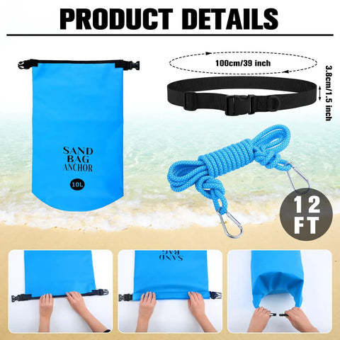 2 Pack Sand Anchor Bags 10L And 20L, 2 In 1 Kayak Anchor Kit with blue dry bag, rope, and adjustable strap details at beach