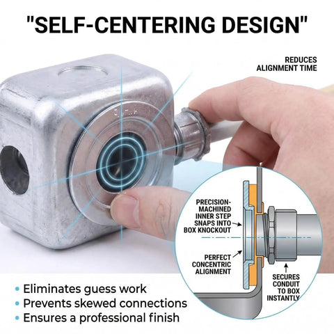 60 Piece Rigid Conduit Reducing Washer Kit Three Quarters To Half Inch One Inch To Three Quarters Inch And One Inch To Half Inch Zinc Plated Steel Knockout Reducers For Electrical Outlet Boxes showing self-centering design features.