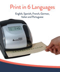 Bulletproof Electronic Time And Date Stamp Machine With No Fuss Numbering For Small Business Crews displayed with printed job tag in hand.