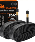 Heavy Duty 700C Bike Inner Tubes 35C 38C 40C 43C Fit Road Gravel Mountain And Hybrid Bikes With AV48mm Schrader Valve 2 Pack Premium Butyl Rubber For Puncture Resistant Flexible Fit on display with packaging.