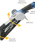 55 Degree Bendable Air Belt Sander With 16,000 RPM Free Speed Includes 80 And 100 Grit Belts Seven Eighths Inch By Twenty Inch Sanding Pad displayed with ergonomic design handle and adjustable sanding tip