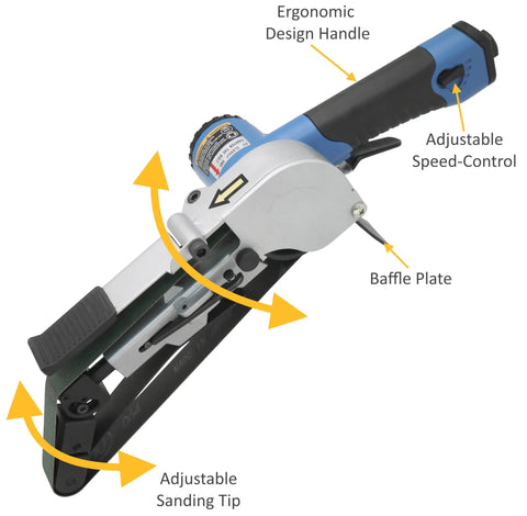 55 Degree Bendable Air Belt Sander With 16,000 RPM Free Speed Includes 80 And 100 Grit Belts Seven Eighths Inch By Twenty Inch Sanding Pad displayed with ergonomic design handle and adjustable sanding tip