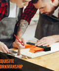 Carpenters using Contour Gauge Duplicator With Lock Two Pack 5 Inch And 10 Inch for shaping wood edges on workbench.