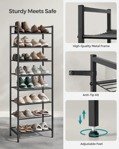 Hella Sturdy Eight Tier Vertical Metal Shoe Rack Super Compact Entryway Organizer Totally Stackable Multi Level Storage Shelf For Everyday Boots And Sneakers