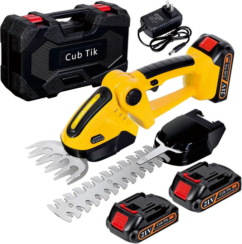 Easy To Use Cordless Hedge Trimmer With Battery And Charger 21V 2 In 1 Grass And Shrub Cutter, batteries, and toolbox