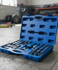 Heavy Duty Pro 13 Piece Bearing Flywheel Puller Kit Set Featuring Dual 2 Jaw And 3 Jaw Gear Puller Tools Along With Nine Swap Out Claws And Extra Center Screws blue case open