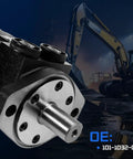 Close-up of Heavy Duty 101-1032-009 Hydraulic Motor Swap Fits Char-Lynn H Series with keyed shaft, on job site equipment.