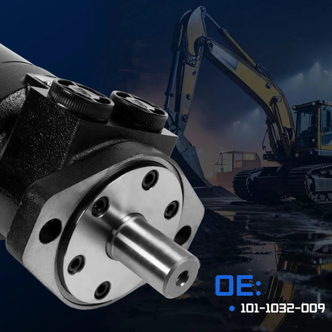 Close-up of Heavy Duty 101-1032-009 Hydraulic Motor Swap Fits Char-Lynn H Series with keyed shaft, on job site equipment.