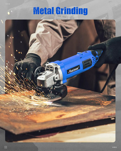 Beefy Four And A Half Inch Angle Grinder With 1000W Motor And 7 Variable Speeds Reaching Up To 11,500 RPM in use on metal surface