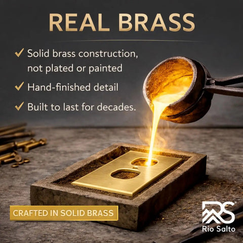 Brass Outlet Covers 5 Pack 1 Gang Real Brass Wall Plates For Duplex Receptacles Brushed Gold Finish being crafted.