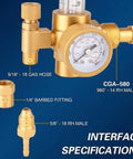 Argon CO2 MIG TIG Regulator With CGA580 Inlet For Welding, 0 To 4000 PSI And 0 To 180 CFH Flow, Dual Gauges For Easy Gas Monitoring, Plug And Play Regulator No Adapters Needed For MIG And TIG gold brass regulator with CGA-580, 9/16-18 hose and 1/4 barbed fittings