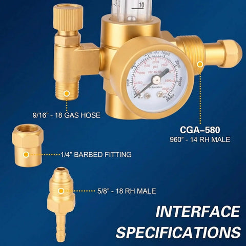 Argon CO2 MIG TIG Regulator With CGA580 Inlet For Welding, 0 To 4000 PSI And 0 To 180 CFH Flow, Dual Gauges For Easy Gas Monitoring, Plug And Play Regulator No Adapters Needed For MIG And TIG gold brass regulator with CGA-580, 9/16-18 hose and 1/4 barbed fittings