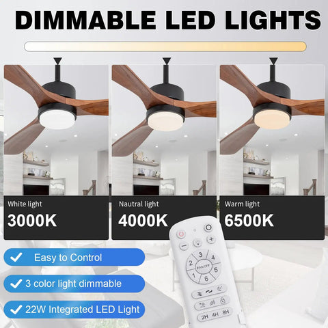 52 Inch Solid Wood Ceiling Fan With Lights And Remote showing dimmable LED light settings and remote control features