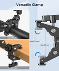 Versatile clamp of the 22 Inch Magic Arm Clamp Overhead Phone Mount Stand for round tubes and flat surfaces, showing adjustment range.