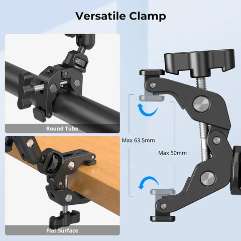 Versatile clamp of the 22 Inch Magic Arm Clamp Overhead Phone Mount Stand for round tubes and flat surfaces, showing adjustment range.