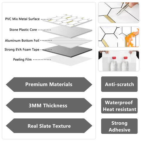 Layer breakdown of Long Hexagon Peel And Stick Backsplash Tiles Dope Look 10 Sheets 12.4 By 12 Inch White Marble Look PVC Mixed Metal Gold Self Adhesive Mosaic Wall Tiles For Kitchen And Bathroom