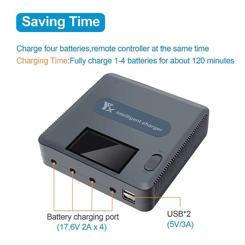 Mavic 2 Pro And Mavic 2 Zoom 6 In 1 LCD Display Charger for DJI drone with USB ports and battery charging ports visible