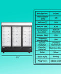 Eighty Inch Bulletproof Build Three Door Glass Merchandiser Refrigerator With Bright Led Lighting And Etl Certified Stainless Steel Exterior, 80" wide.