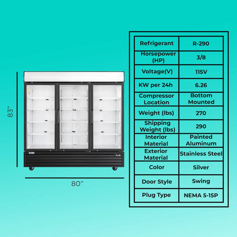 Eighty Inch Bulletproof Build Three Door Glass Merchandiser Refrigerator With Bright Led Lighting And Etl Certified Stainless Steel Exterior, 80" wide.