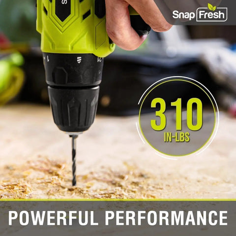 20V Cordless Drill Set With 3 By 8 Inch Chuck All In One Dual Speed LED Light 43 Piece Bit Kit Impact Driver drilling wood