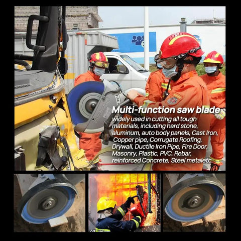 Firefighters cutting metal with 14 Inch Diamond Metal Cutting Disc All Purpose Cut Off Wheel That Handles Tough Jobs On Steel