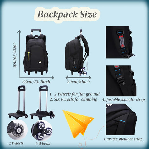 Black Kids Rolling Backpack For School With Six Wheels Durable Trolley Style Book Bag Size Illustration