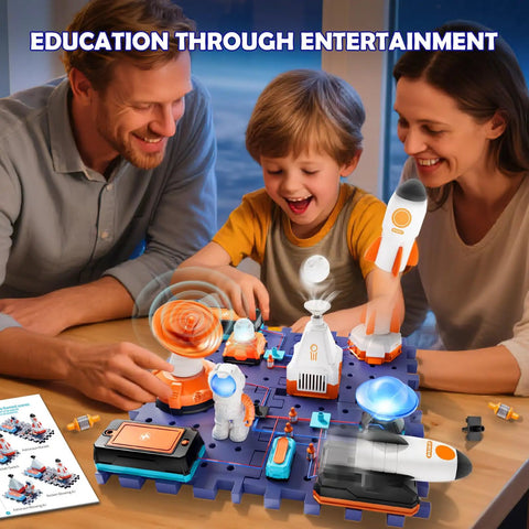 Family playing with Space Science Circuit Kit For Kids, 31 Piece Electronics STEM Set With More Than 100 Projects, Rocket Launcher And Light Up Astronaut