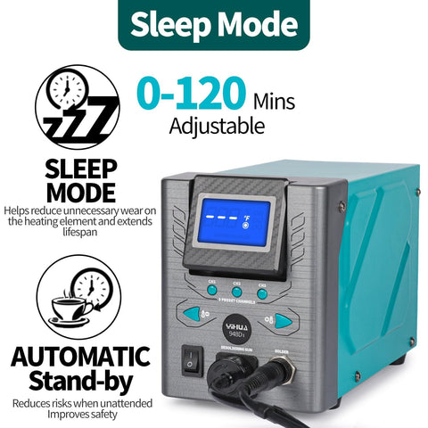 High Power 110W Desoldering Station With ESD Safe Build showing sleep mode and automatic standby features