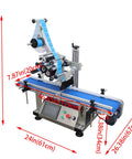 Automatic Flat Labeling Machine With Conveyor Belt For Plates And Shop Merch Smart Sensor Desktop Label Applicator 110V Heavy Duty setup dimensions shown.