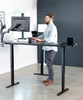 Rock Solid Corner Standing Desk Rig In Matte Black With Lightning Fast Height Adjustments And Split Tabletop Design with monitor